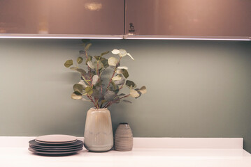 Banner Plant pot office decor on wood table. Panorama Green decorate home office desk. Green potted plant in springtime Fern bush green leaf foliage floral. Houseplant home decor with copy space