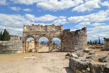 Ruins of an ancient city, stone columns. Tourism. Architecture. Turkey. Pamukkale. Hierapolis