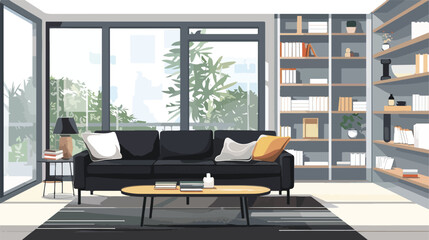 Interior of modern living room with black sofa tables