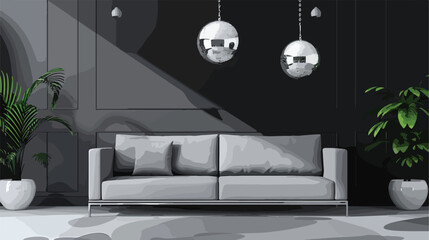 Interior of modern living room with grey sofa and hand