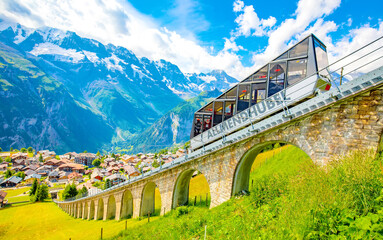 Swiss Alps and funicular railway from Mürren village to Allmendhubel, Switzerland
