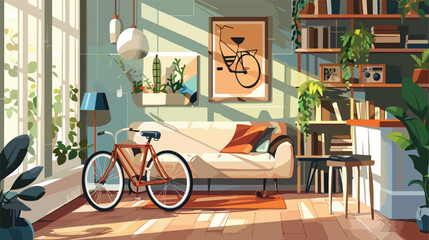 Interior of stylish living room with bicycle Vector