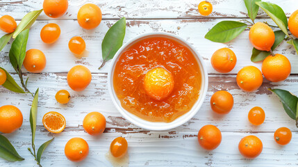 Bowl of tasty kumquat jam and fresh fruits on white wo