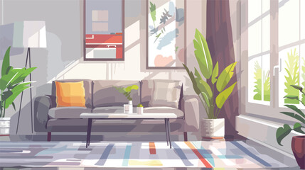 Interior of stylish living room with grey sofa 