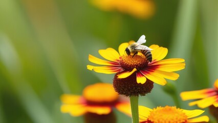 Bee and flower. Close up of a large striped bee collecting pollen on a yellow flower on a Sunny bright day. Banner, on the left is an empty space for the text. Summer and spring backgrounds