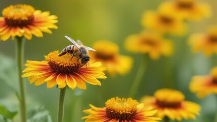 bee (apis mellifera) on helenium flowers - close up