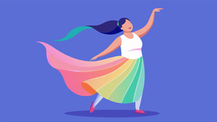 A model with Down syndrome beams with joy as she twirls in a flowing iridescent skirt adorned with tactile elements for a unique and inclusive fashion. Vector illustration