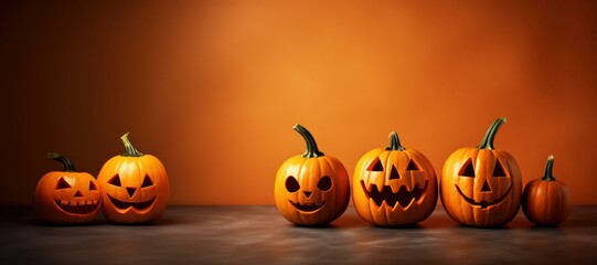 Line of five carved jack-o'-lanterns on a dark table with orange backdrop, Halloween themes.