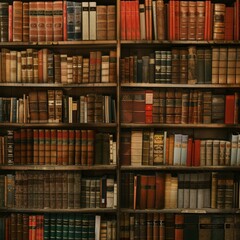 Vintage library shelves full of classic books, academic and literary themes.