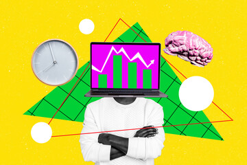 Trend artwork composite photo collage of headless man stand hold hand together laptop show stats...