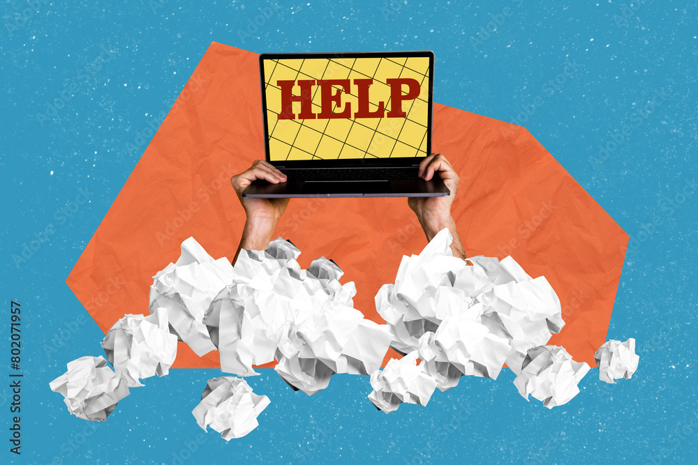 Fototapete template collage illustration of inexperienced user holding laptop asking for help using computer is