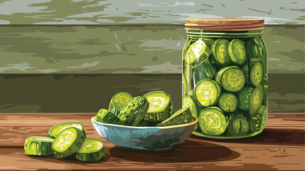Jar and bowl with tasty canned cucumbers on wooden