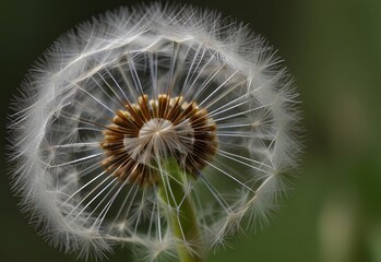 A close-up view of a single dandelion puff, its fine white filaments spreading outward in a delicate fan-like pattern, generative AI