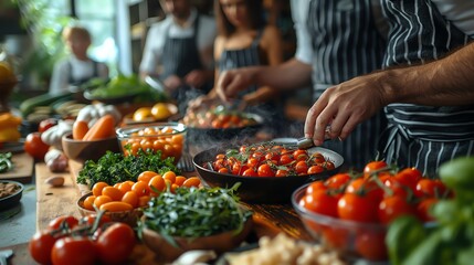 Obraz premium Multigenerational family cooking together, close-up on hands and ingredients, bonding over recipes