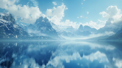 A beautiful mountain range with a large body of water in the foreground