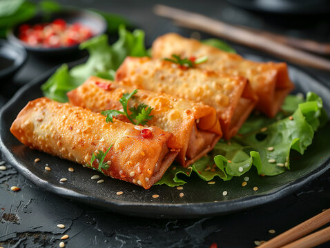 Quatre nems vietnamiens ou chinois croustillant sur une feuille de salade, plat traditionnel asiatique