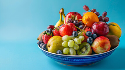 Bowl with different fresh fruits on blue background 