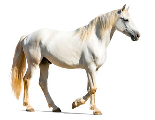 albino Pferd auf vier beinen isoliert auf weißen Hintergrund, Freisteller 