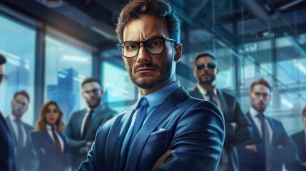 Portrait of businessman leading his team at office hyper realistic 