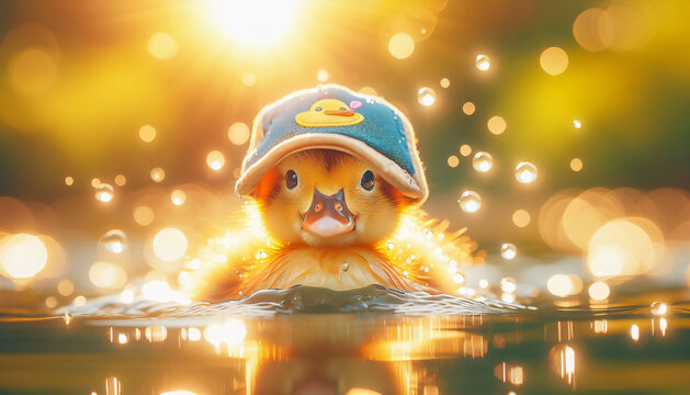 Entenk&uuml;ken mit Base Cap schwimmt im seichten Wasser