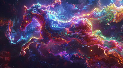 Vibrant cosmic horse galloping through a nebula, with a mesmerizing mix of colors