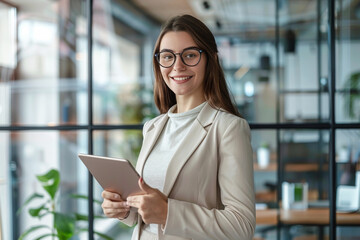 Mujer joven empresaria sonriente con gafas graduadas,  vestida con una. chaqueta de traje y sosteniendo una tablet en su mano, sobre fondo desenfocado de una oficina de  la empresa