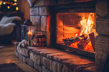 The flickering flames of a cozy fireplace