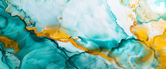 Bold strokes of deep turquoise and sunny yellow colliding with each other, creating abstract textures on a clean white surface with an intriguing ink marble pattern.