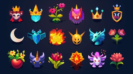 A set of cartoon avatar frames with fantasy borders, animal ears, tails, and wings, devil and unicorn horns, witch hats, royal crowns, flowers, and the moon, all drawn in modern form