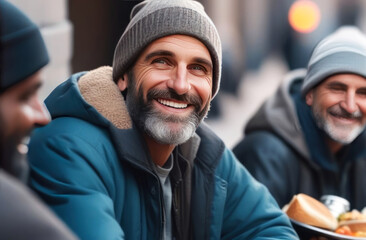 A smiling homeless men in warm clothes exudes positivity despite challenging circumstances, reminding us of the universal human spirit. Generated AI