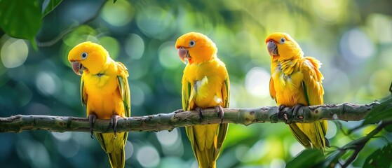three yellow parrots on branches, head down
