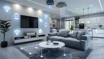 Fototapeta na wymiar Automating IoT technology in a smart home for enhanced convenience and efficiency . Concept IoT Automation, Smart Home Solutions, Convenience Enhancement, Efficiency Improvement