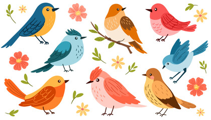 Spring birds set. Different beautiful birdie with flowers and branch. Vector cartoon illustration in childish style isolated on white.