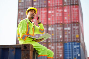 worker or engineer talking on walkie talkie and holding laptop computer in containers warehouse storage