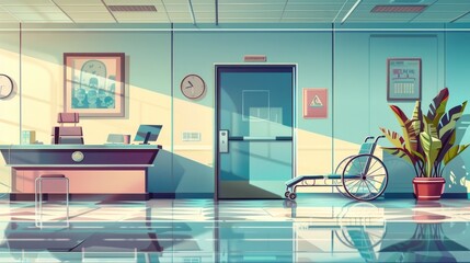 In this hospital hallway, gurney and tables are positioned around a reception desk, wheelchairs, chairs, chairs, and a reception counter. This modern illustration portrays furniture for medical - obrazy, fototapety, plakaty