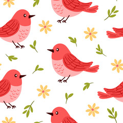 Seamless pattern of bird, flowers and green leaf on white background vector illustration.