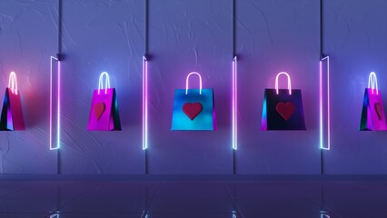 An animated sequence featuring shopping bags with neon contour lighting, shifting from vibrant to muted tones. The heart symbols on the bags represent a thematic focus on love