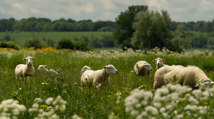 Fototapeta premium Pastoral Harmony: Grazing Sheep in Idyllic Fields. Generative AI