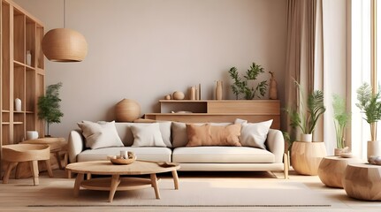 Home interior mock up, cozy modern room with natural wooden furniture, 3d render

