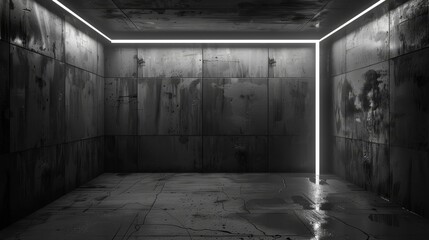 Empty concrete room with led light illumination. Modern rendering of a dark underground warehouse or cellar with solid cement walls. Industrial space interior design.