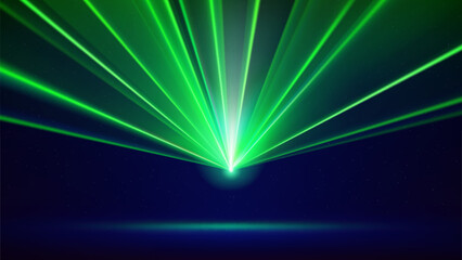Laser light show. Bright led laser beams, dj light party. Blue illuminated stage, green led strobe lights. Background, backdrop for displaying products. Vector illustration