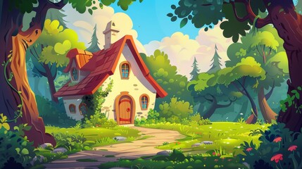 In a summer forest, a cartoon house stands on a wood road with a red roof, surrounded by tall trees, blooming bushes, and green grass. Background design for video games.