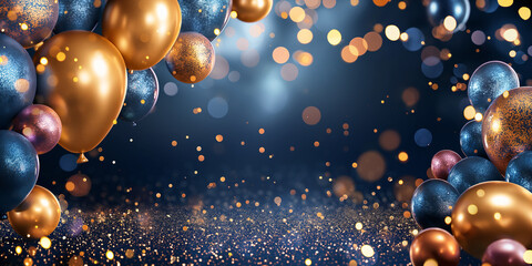 Goldene und blaue Luftballons und Kugeln zu Weihnachten Jubiläum und Geburtstag im schönen Gold Bokeh dekoriert Querformat für Banner 