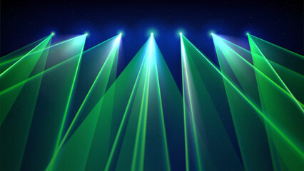 Laser light show. Bright led laser green beams, dj light party. Green led strobes on a blue lit stage. Background, backdrop for displaying products, image montage. Vector illustration