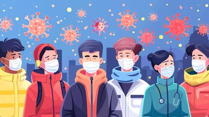 Crowd of people wearing medical masks banner Preventive measures, human protection from pneumonia outbreak Coronavirus epidemic concept Respiratory disease, virus spread Vector illustration - obrazy, fototapety, plakaty