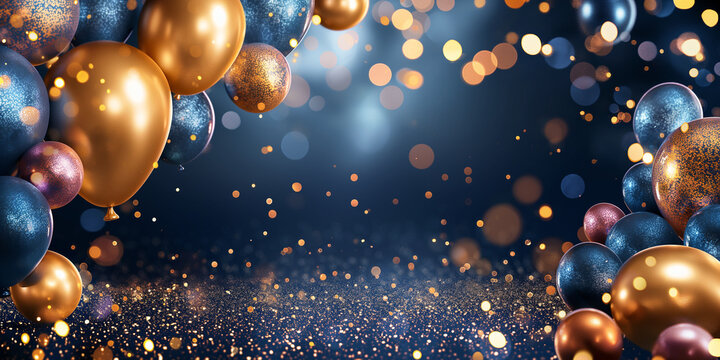 Goldene und blaue Luftballons und Kugeln zu Weihnachten Jubil&auml;um und Geburtstag im sch&ouml;nen Gold Bokeh dekoriert Querformat f&uuml;r Banner 