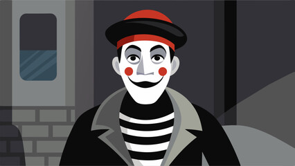 In a street performance a mime wears a mask with a permanent unsettling grin representing the manipulative nature of the character they are.