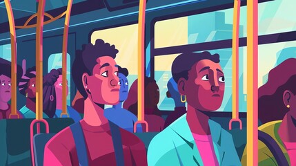 Different cartoon people go by public transport vector flat illustration Crowd of passengers characters inside city bus Colored man and woman at train interior - obrazy, fototapety, plakaty