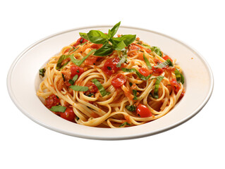 a plate of pasta with basil and tomatoes