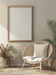 Frame mockup, simple and modern cozy chair home interior background, wall poster frame mockup, 3D render